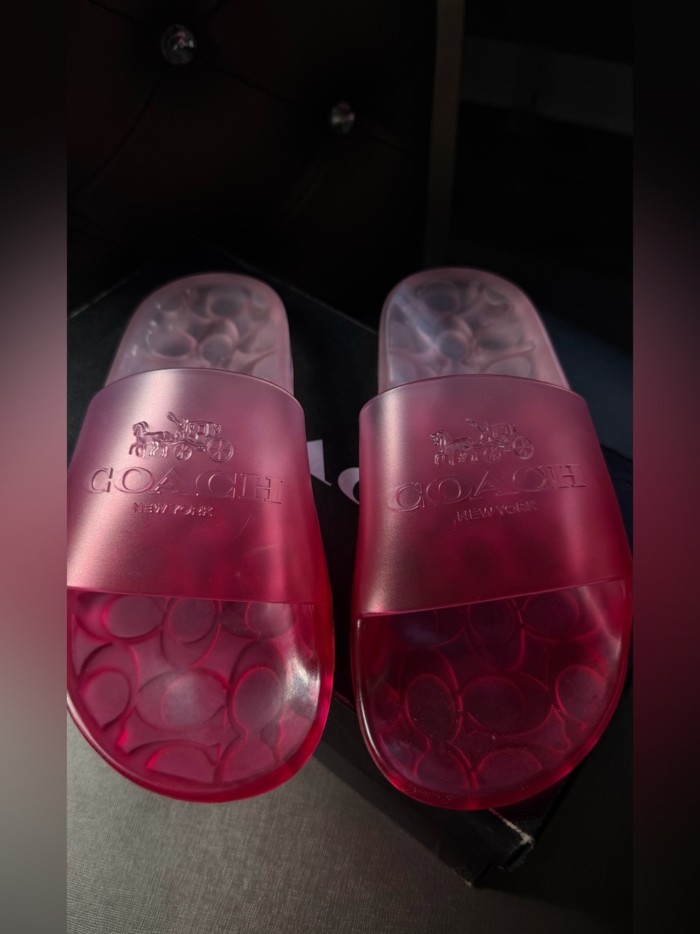 Coach Women's Translucent Pink Slide Sandals with Logo